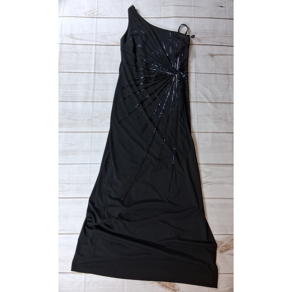 Niki by Niki Livas Vintage Y2K Black One Shoulder Beaded Sequin Gown 16